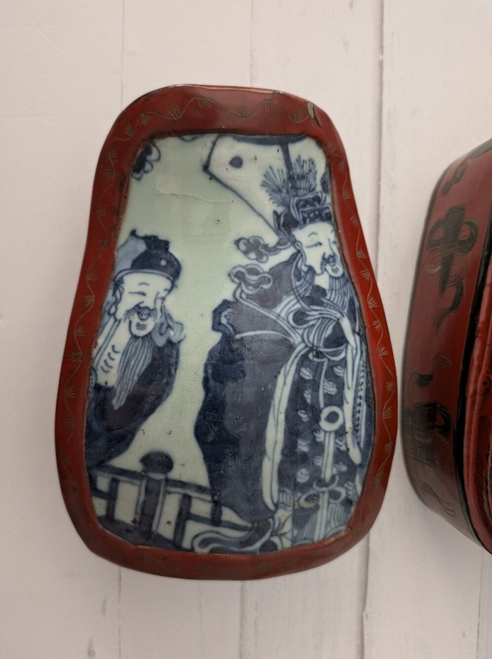 Antique Chinese Wedding Basket, Chinese lunchbox, Porcelain Plaque Insert - Picture 3 of 12